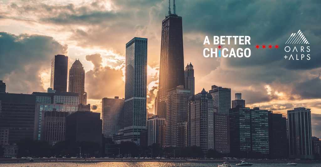 Chicago Skyline with A Better Chicago and Oars + Alps logos
